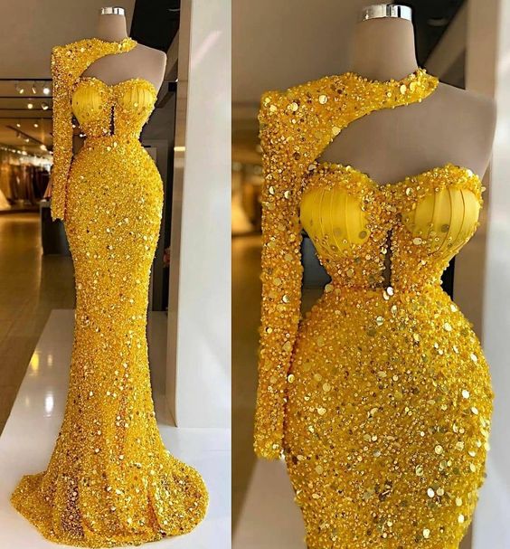 abendkleider one shoulder sparkly evening dresses long mermaid yellow sequined elegant mermaid luxury formal dress robe de soiree 