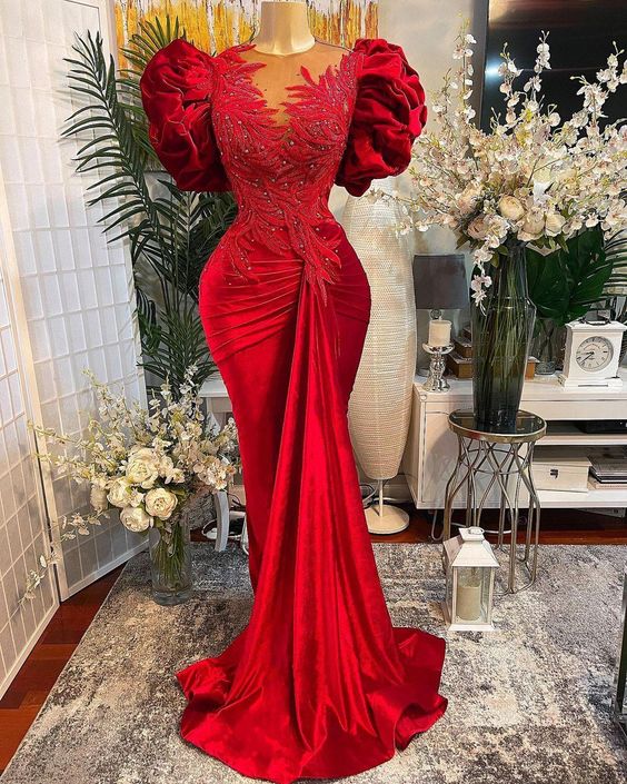 Red Evening Dresses Vestidos De Fiesta Flare Sleeve Mermaid Modest Lace Applique Beaded Elegant Formal Dresses Robe De Soiree