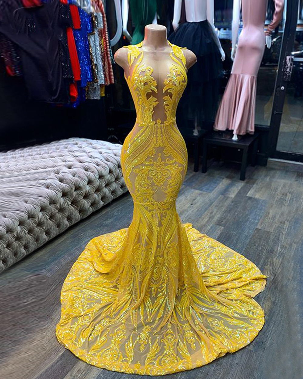 robe de soiree yellow lace applique evening dresses long mermaid sexy formal dress vestidos de fiesta de longo