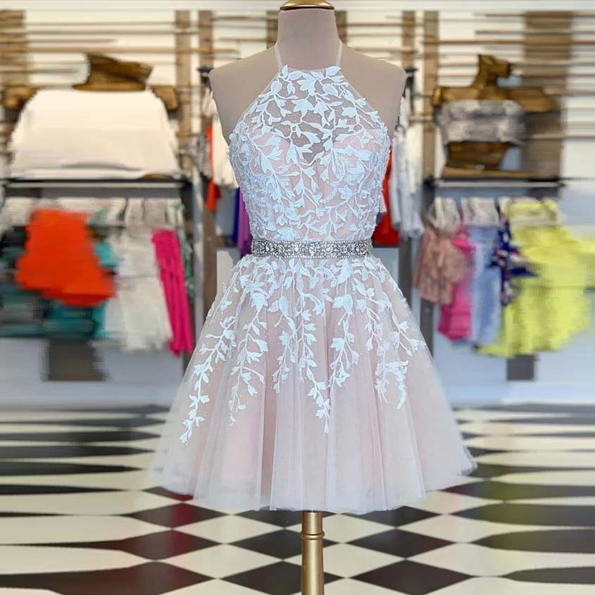 short prom dresses 2022 lace applique halter lace applique beaded cheap prom gown vestidos de graduacion 2023 