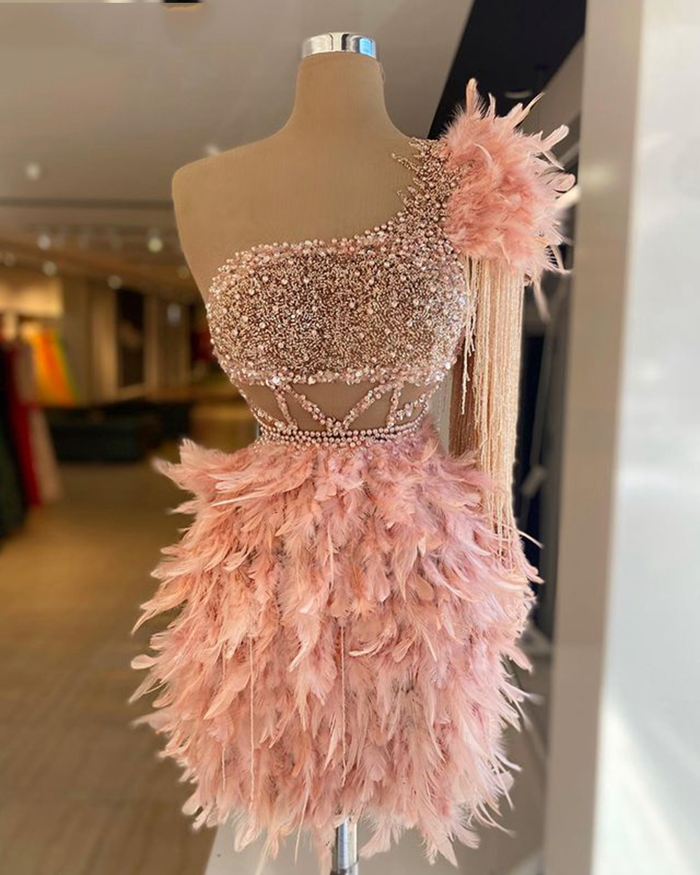feather cocktail dresses 2022 short pink prom dresses beaded tassels luxury sexy formal party dresses robe de cocktail 2023