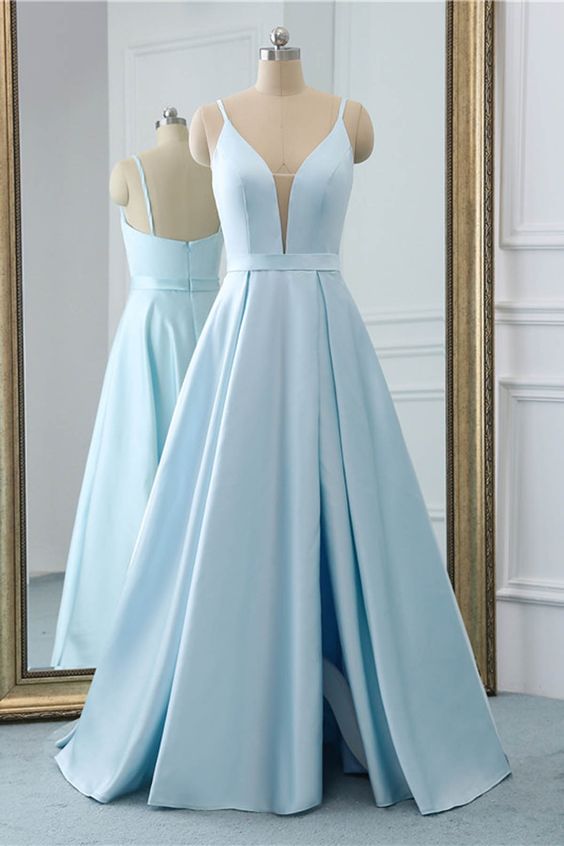 Spaghetti Strap Blue Prom Dresses 2023 Vestidos De Fiesta Satin A Line Simple Prom Gown 2024 Robe De Cocktail