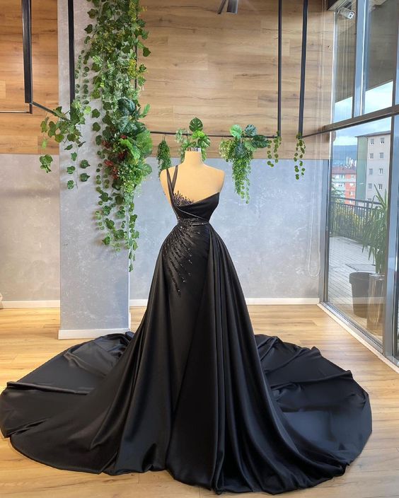 Robe De Cocktail Black Beaded Prom Dresses With Removable Skirt Satin Vintage Luxury Prom Gown Vestidos De Fiesta