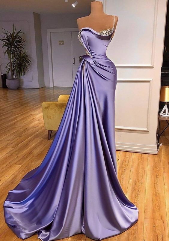 luxury beaded evening dresses long elegant mermaid purple satin modest amazing sleeveless formal party dresses robe femme