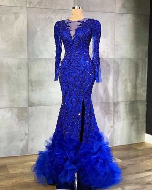 royal blue beaded evening dresses long lace applique mermaid elegant cheap formal party dresses robe de soiree de mariage