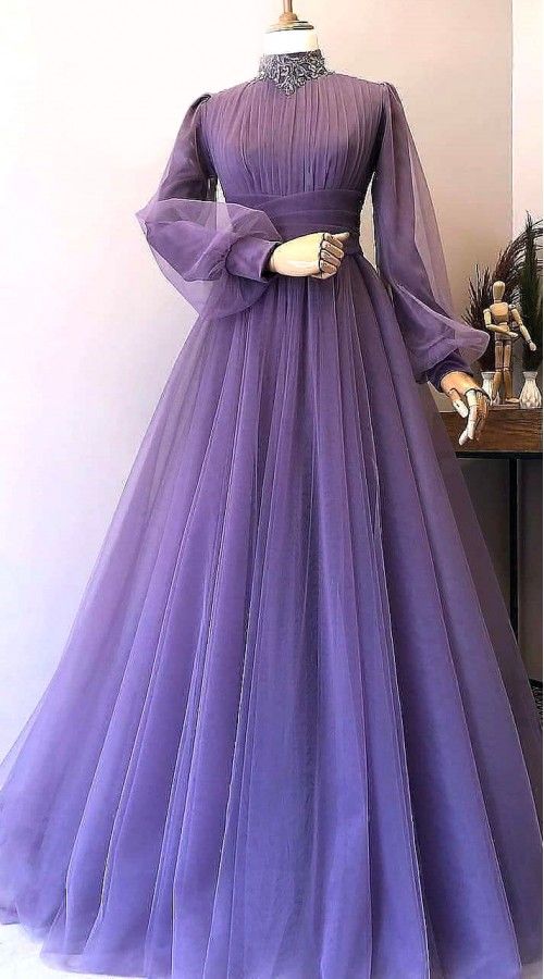 robe longue high neck vintage prom dresses long sleeve muslim beaded lace tulle elegant purple prom gown vestidos de graduacion 