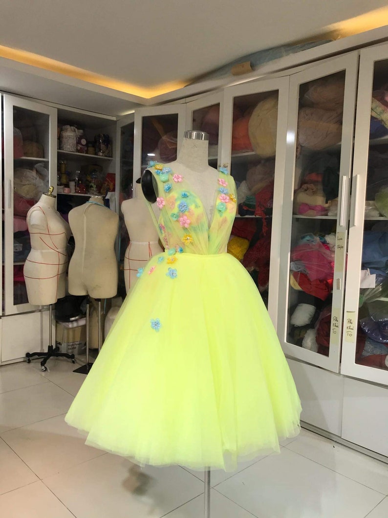Robe De Soirée Femme Yellow Prom Dresses Short Tulle 3d Flowers A Line Homecoming Dresses 2023 Vestidos De Graduacion 2024