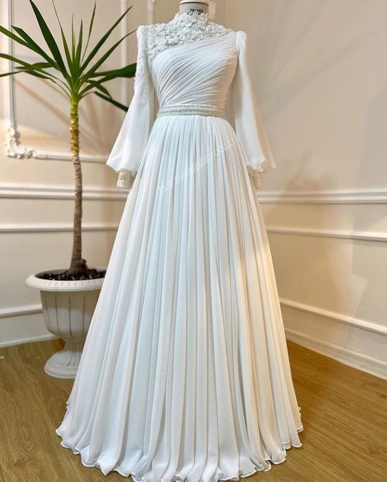 Robe Longue Muslim White Prom Dresses Long Sleeve 3d Flowers Elegant Beaded Prom Gown Vestidos De Fiesta De Longo