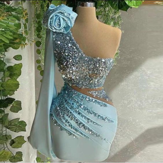 vestidos de fiesta de curto blue beaded evening dresses short luxury one shoulder crystals handmade flower elegant formal party dress vestidos de cocktail 