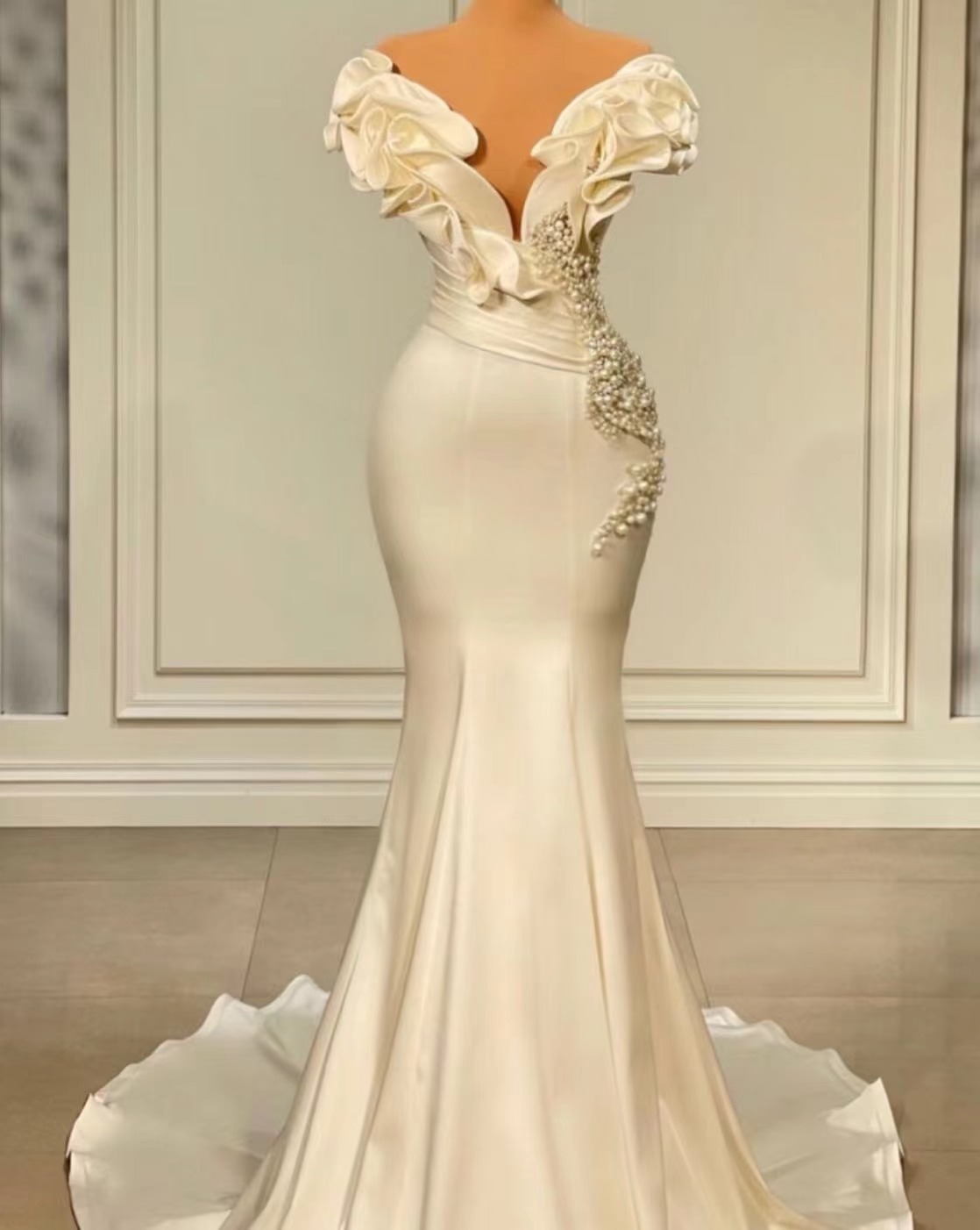 vestidos de novia de seria mermaid wedding dresses for women beaded v neck elegant satin simple wedding gown robe de mariee