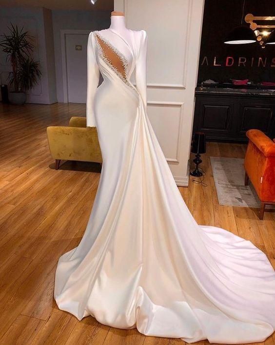Abendkleider White Luxury Evening Dresses Long Sleeve High Neck Beaded Modest Mermaid Elegant Satin Formal Party Dresses Vestidos De Fiesta