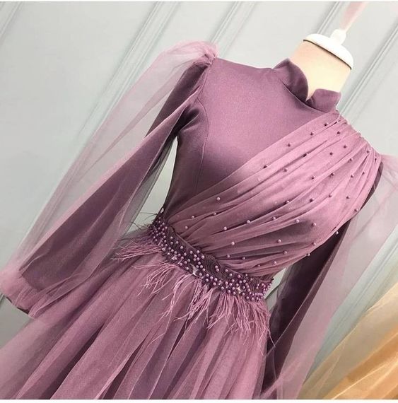 High Neck Dusty Pink Prom Dresses, 2023 Long Sleeve Beaded Elegant Vintage Feather Tulle Prom Gown, Robes De Cocktail Muslim Dubai Fashion Dress