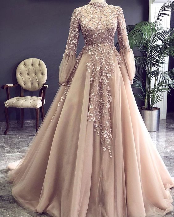 Lace Applique Champagne Prom Dresses Long Sleeve 2023 High Neck Elegant Tulle Prom Gown 2024 Robe de Soire Femme
