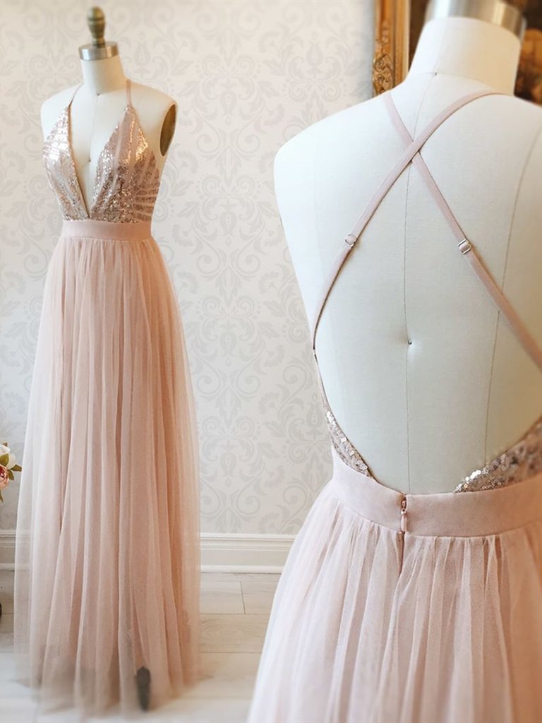 Pink Sparkly Bridesmaid Dresses Long Halter Tulle Sexy Wedding Guest Dresses Vestidos De Fiesta