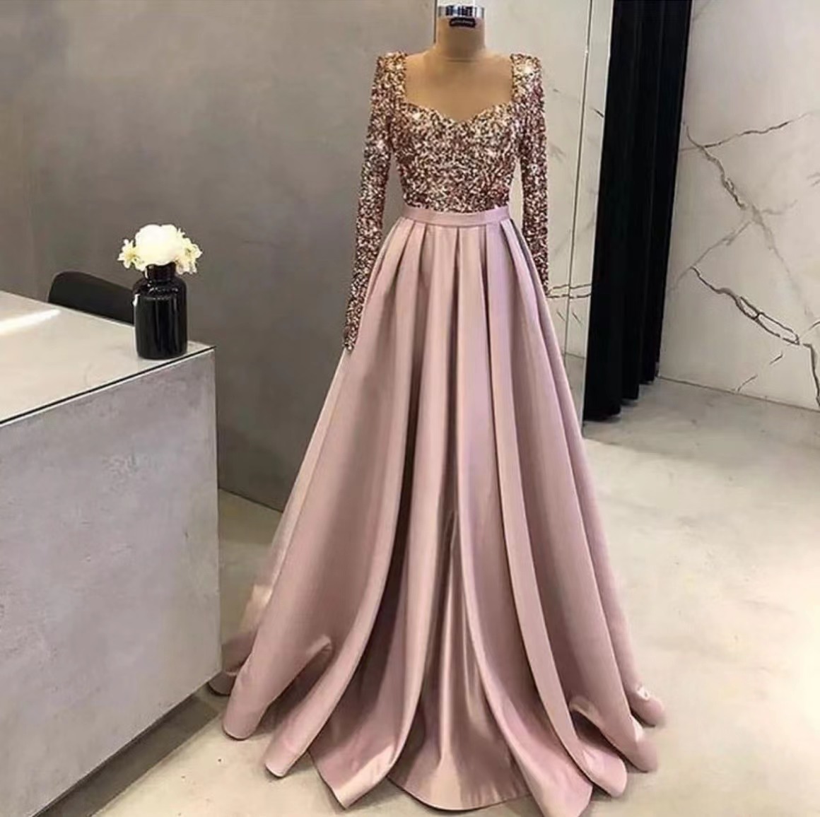 abendkleider rose pink prom dresses long sleeve elegant glitter sparkly a line cheap simple prom gown robes de cocktail