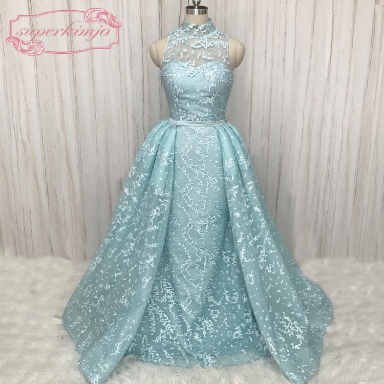 Robe De Soirée Femme Blue Lace Prom Dresses With Overskirt High Neck Elegant Simple Prom Gown Vestidos De Cocktail