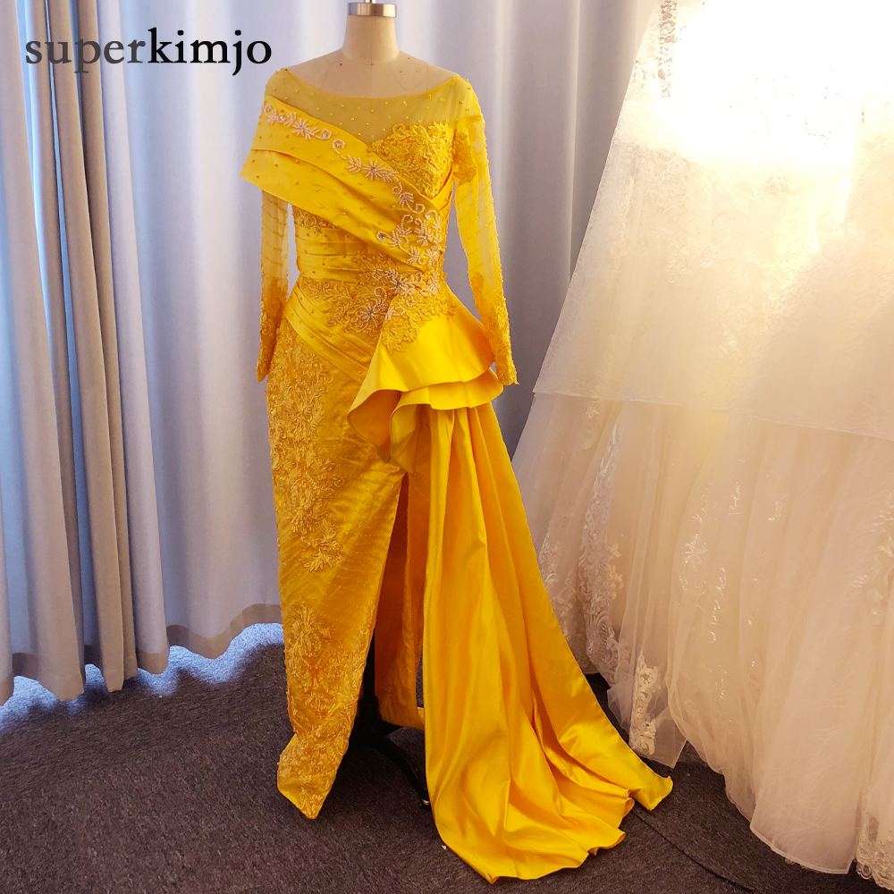 Vestidos De Fiesta Long Sleeve Yellow Beaded Evening Dresses 2023 Luxury Lace Applique Mermaid Elegant Modest Formal Party Dresses 2024