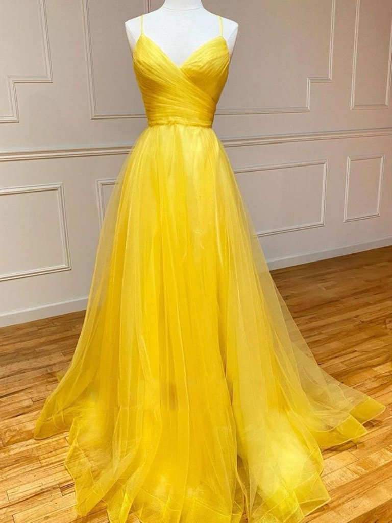 Spaghetti Strap Yellow Prom Dresses A Line Tulle Simple Sexy Prom Gown Robe De Bal