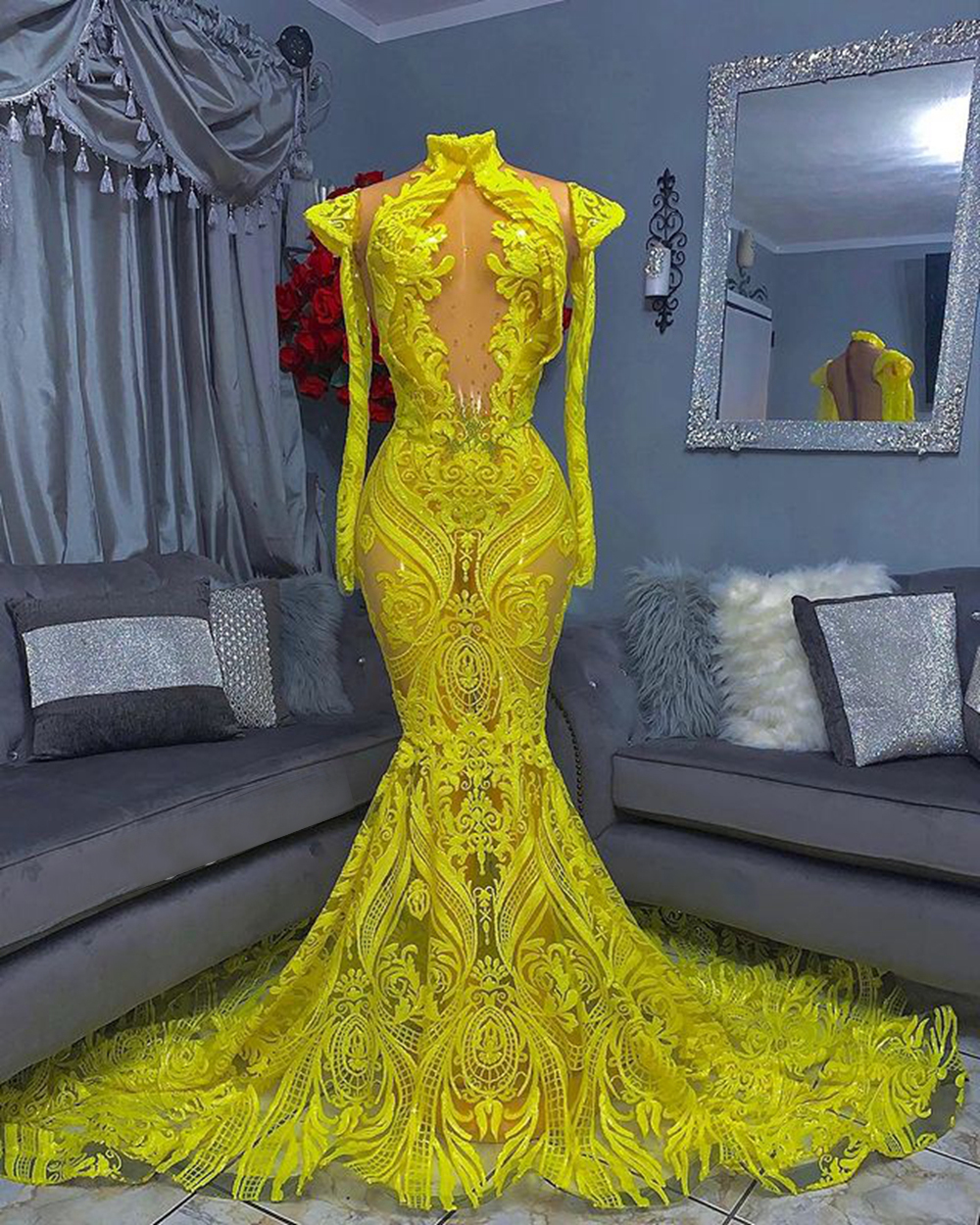 Glitter Yellow Prom Dresses Long Sleeve Mermaid Modest Elegant Sparkly Lace Applique Prom Gown Robe De Soiree Vestidos De Fiesta