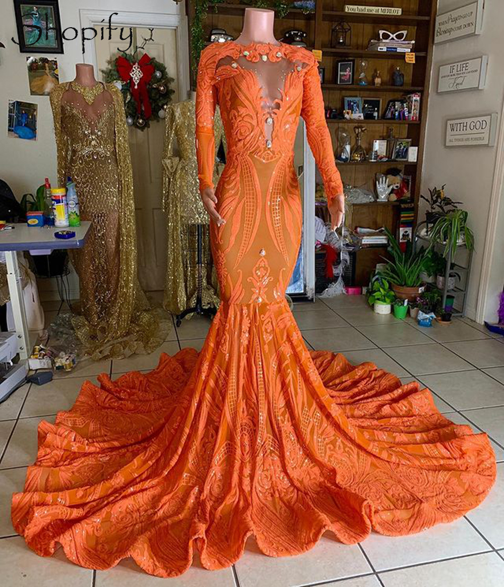 Robes De Soirée Femme Orange Glitter Prom Dresses Long Sleeve Mermaid Elegant Modest Prom Gown Vestidos De Fiesta