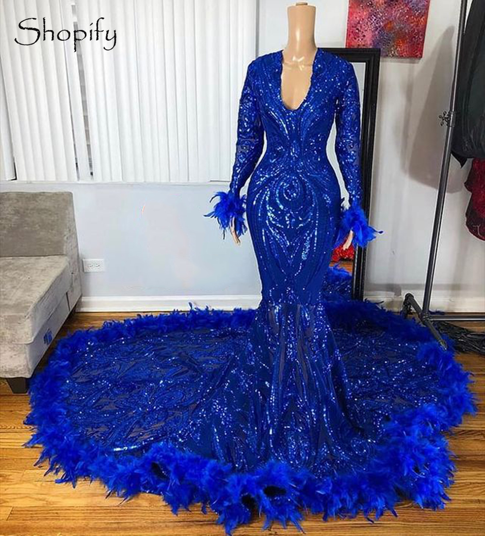 Vestido Festa Luxo Royal Blue Feather Prom Dresses For Women 2023 Sparkly Glitter V Neck Modest Elegant Formal Party Dresses 2024 Robe De Soiree