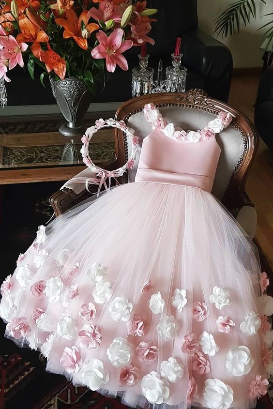 Robe Princesse Enfant Fille Pink Flower Girl Dresses For Weddings Tulle Cute Kids Prom Dresses Robe Ceremonie Fille