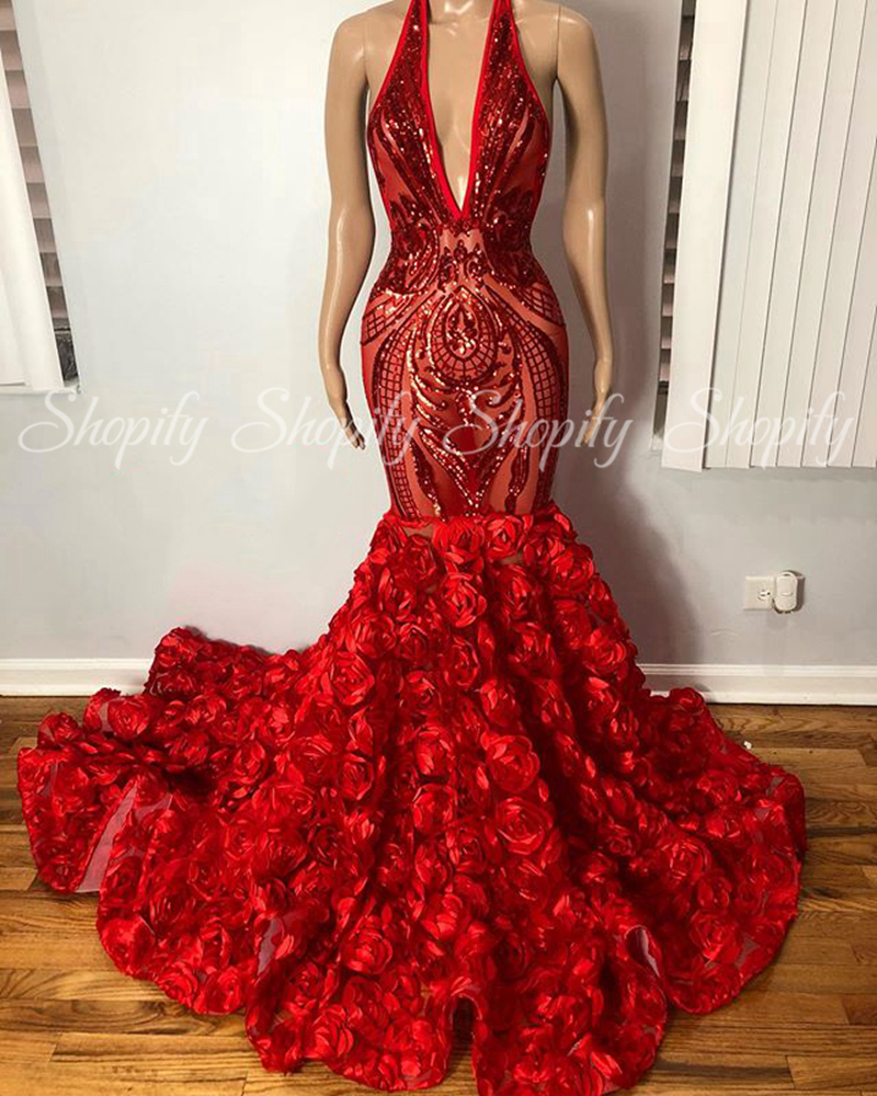 Vestidos Elegantes Para Mujer Red Sparkly Prom Dresses 2023 Long Sleeve Mermaid Halter Luxury 3d Flowers Mermaid Prom Gown 2024 Abendkleider