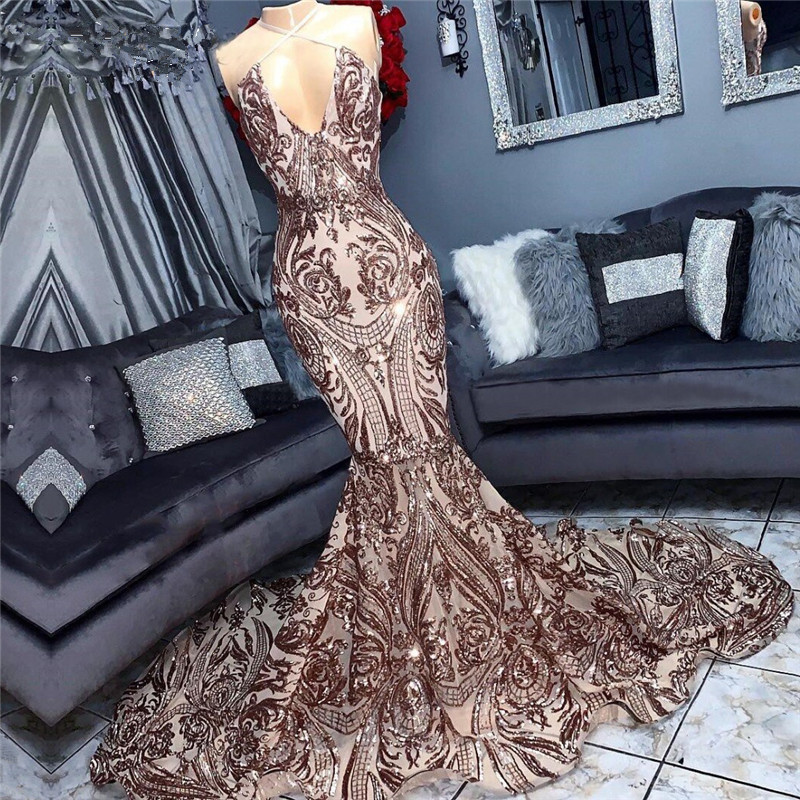 Rose Gold Prom Dresses 2023 Halter Sparkly Mermid Modest Mermaid Formal