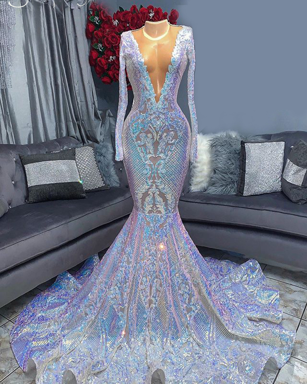 Abends Kleider 2023 Sparkly Mermaid Prom Dresses Long Sleeve V Neck Elegant Glitter Formal Party Dresses 2024 Vestidos De Fiesta