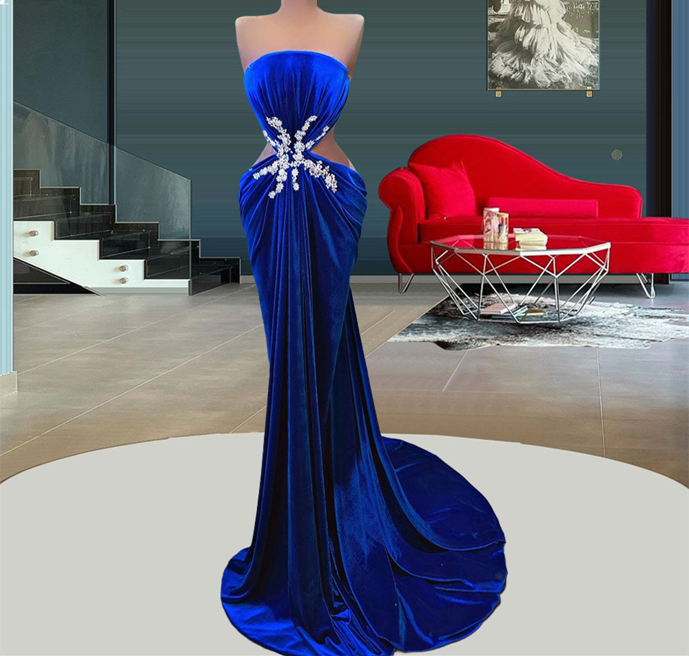 Royal Blue Strapless Evening Dresses Long Beaded Velvet Mermaid Elegant Prom Dresses Simple Formal Dress Vestidos De Noche