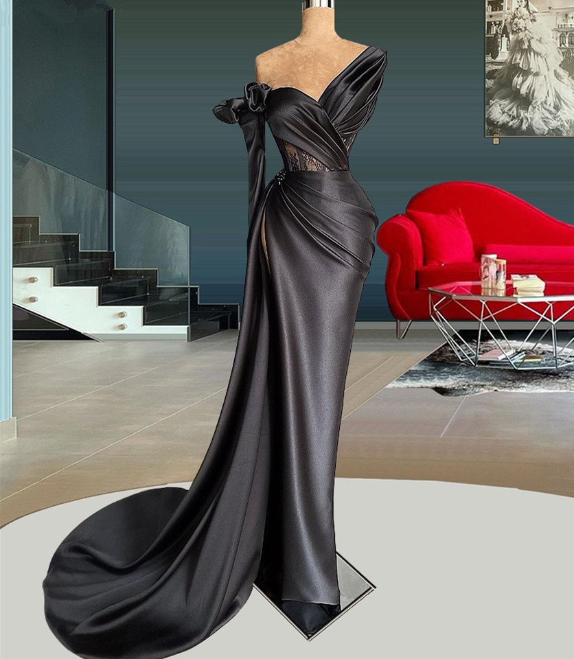 Elegant Black Prom Dresses Lace Applique Mermaid Satin Prom Gown Vestidos De Fiesta De Longo