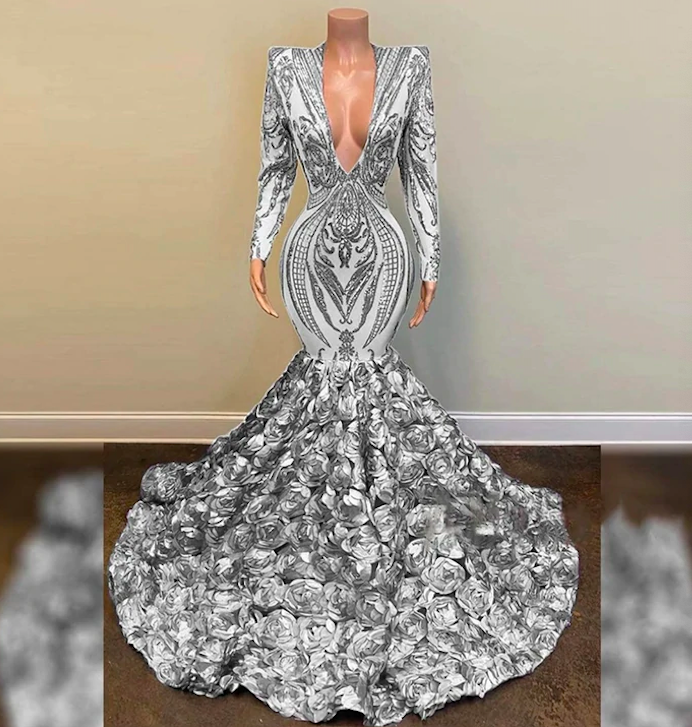robe de soirée femme silver mermaid prom dresses long sleeve v neck elegant cheap 3d flowers prom gown vestidos de fiesta 