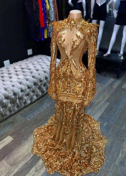 gold sparkly luxury prom dresses long sleeve high neck feather modest elegant cheap formal evening dress vestidos de fiesta abendkleider