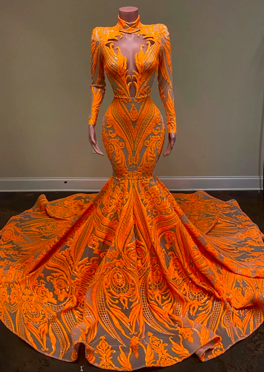 vestidos elegantes para mujer orange prom dresses long sleeve high neck sequin applique glitter elegant formal evening dress robe de soiree