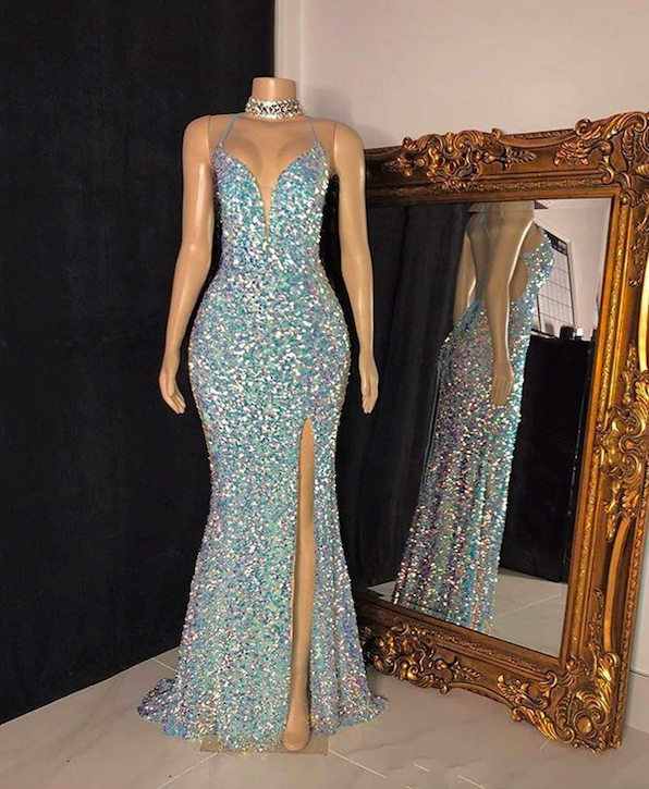Blue Sparkly Evening Dresses Long Mermaid Modest Elegant Glitter Formal Dresses Abendkleider