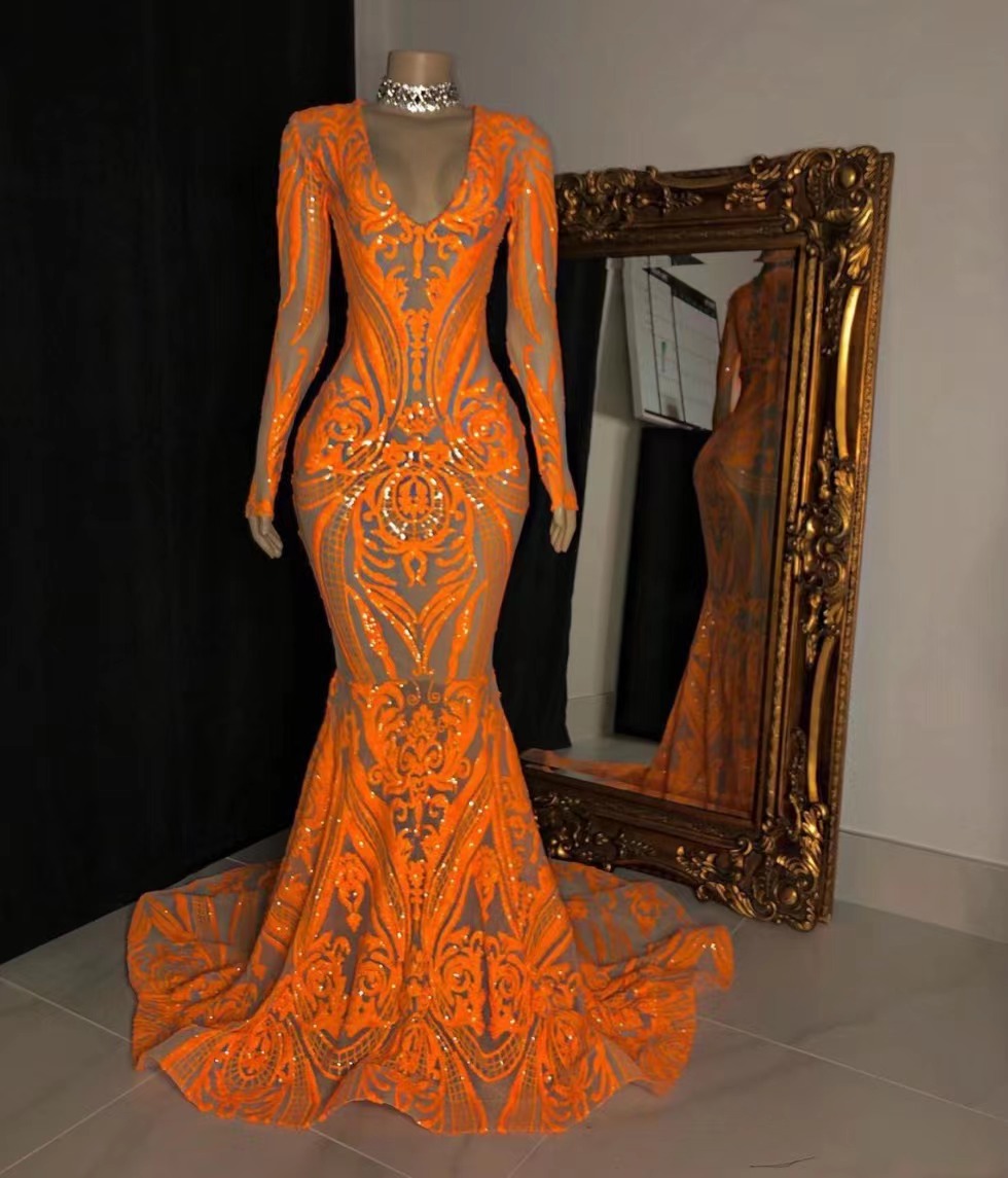 modest mermaid prom dresses custom make sparkly elegant orange glitter prom gown formal dresses robe de soiree de femme