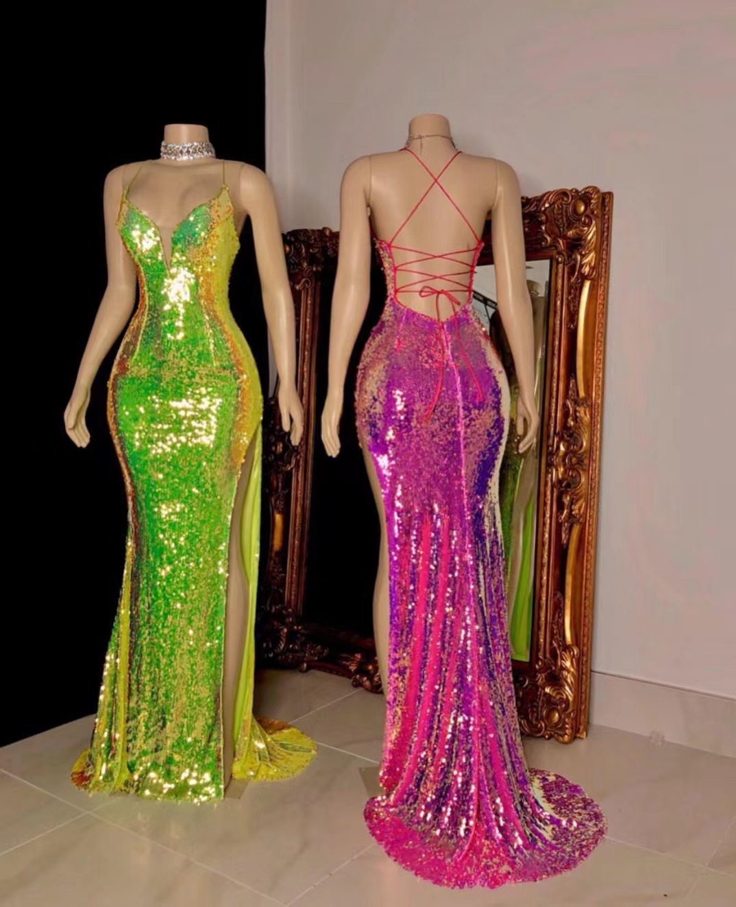 green sparkly evening dresses long spaghetti strap sexy mermaid cheap prom dresses for women vestidos de fiesta de longo 
