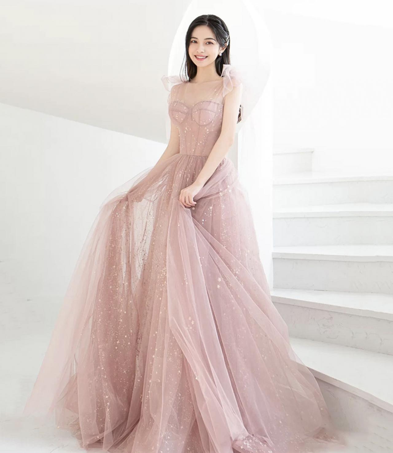 Fashion Sparkly Prom Dresses Shinny Tulle A Line Simple Pink Prom Gown Robes De Cocktail