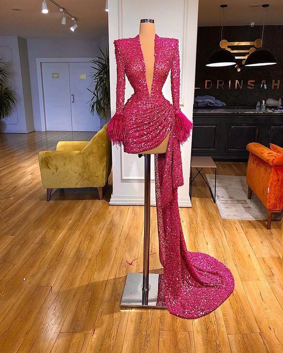 2023 Fashion Women Prom Dresses Sparkly Glitter Formal Dresses Long Sleeve Feather Mermaid Luxury Elegant Prom Gown 2024 Abendkleider