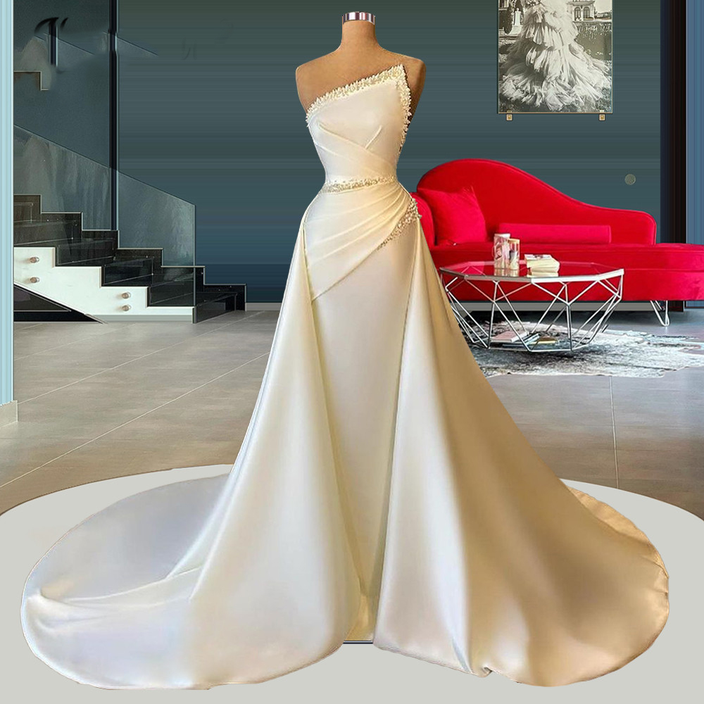 robe de soiree de mariage detachable skirt white wedding dresses for women beaded unique neck elegant cheap bridal dresses vestidos de novia 