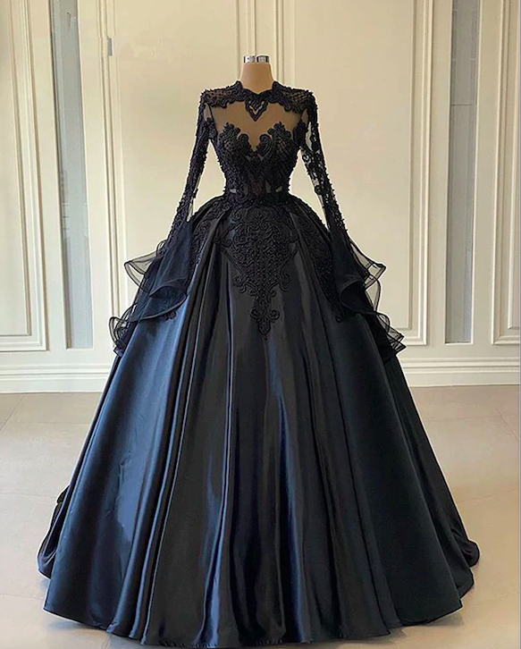 Muslim Vintage Prom Dresses Ball Gown Lace Applique Beaded Black Modest Elegant Prom Gown Robes De Cocktail Vestidos De Gala