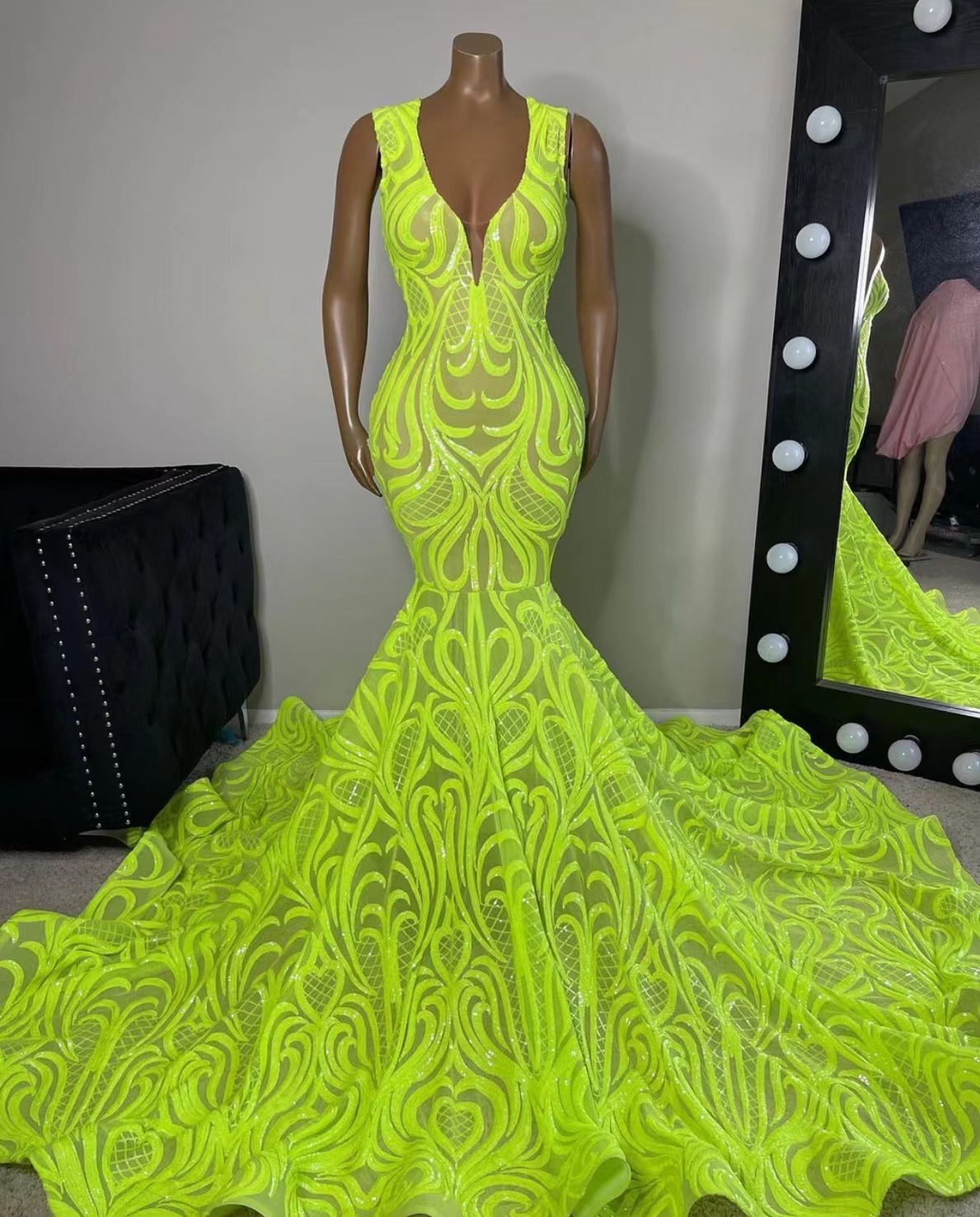 V Neck Elegant Prom Dresses 2023 Fashion Custom Make Glitter Lime Green Mermaid Prom Gown 2024 Abendkleider Vestidos De Noche