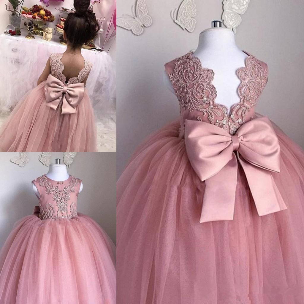 Robe Fille Enfant Rose Pink Baby Girl Dresses Lace Applique Tulle Princess Flower Girl Dresses Pageant Little Girl Dresses Tutu Dress