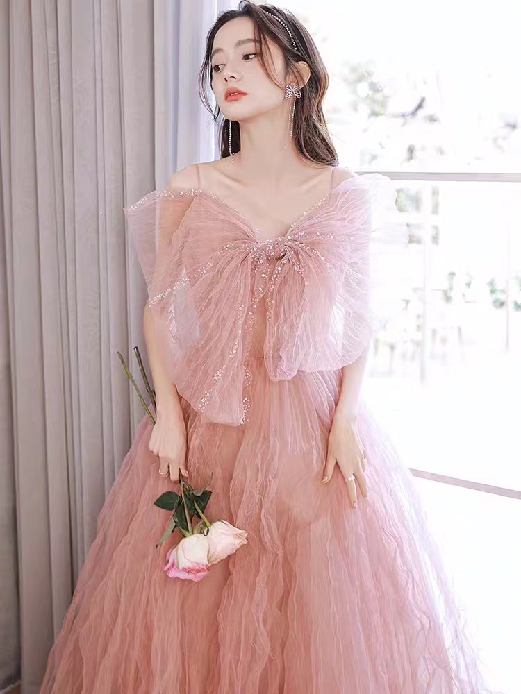 Rose Pink Custom Make Prom Dresses With Bow Beaded Elegant Off The Shoulder Simple Beautiful Prom Gown Abendkleider