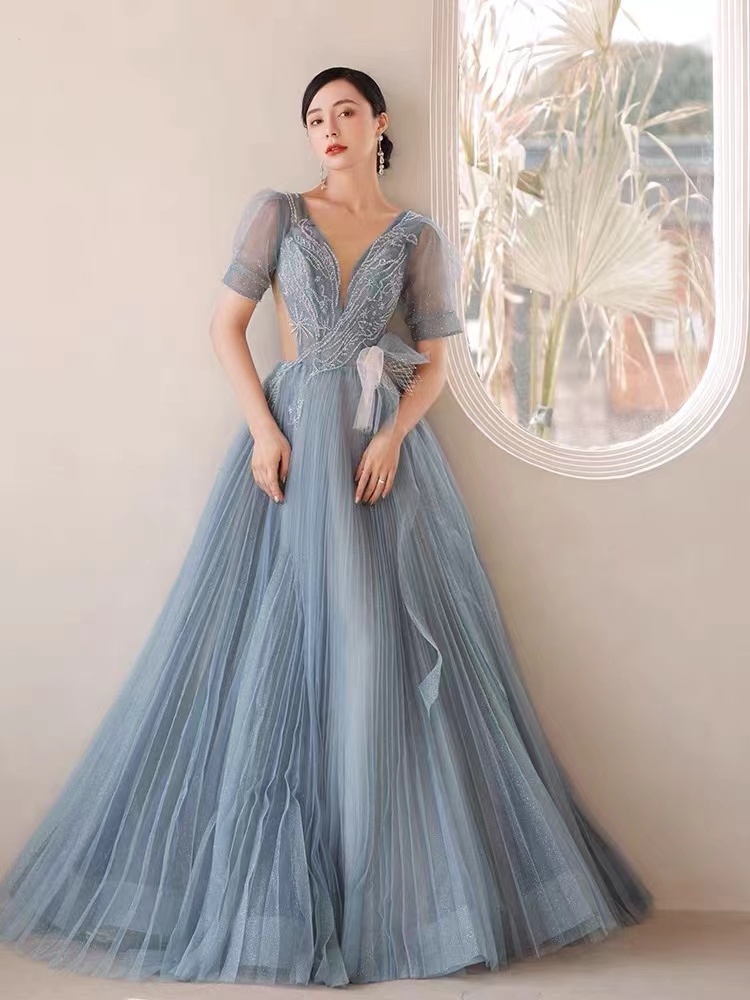Abendkleider Beaded Vintage Prom Dresses For Women Tulle Gray Blue Elegant V Neck Short Sleeve A Line Prom Gown Robes De Soirée