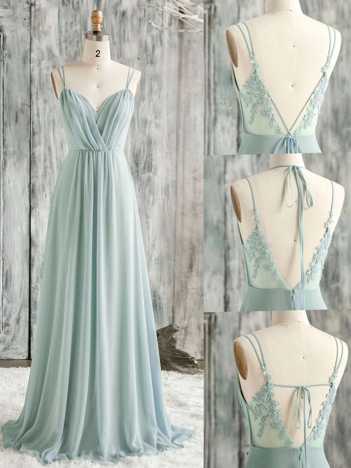 lace sage green bridesmaid dresses long spaghetti straps chiffon a line cheap wedding party dresses robe ceremonie femme