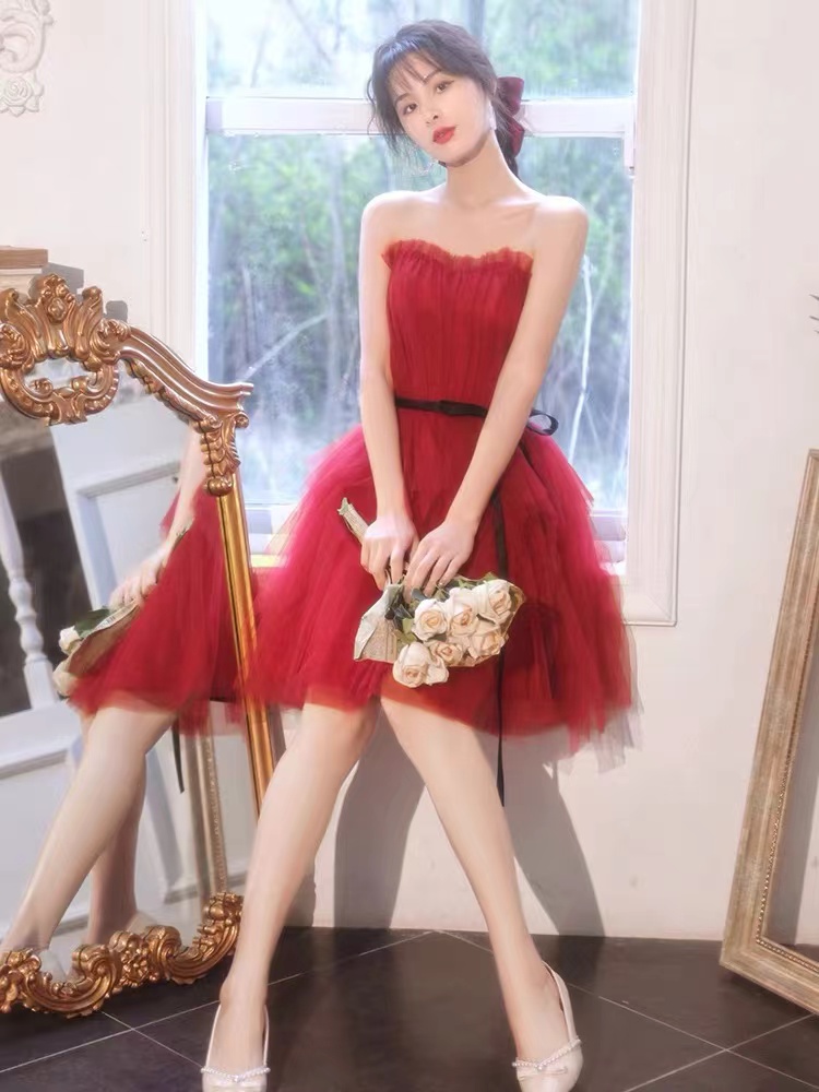 red tulle prom dresses short vestidos de cocktail a line cheap strapless custom make evening party dresses abendkleider