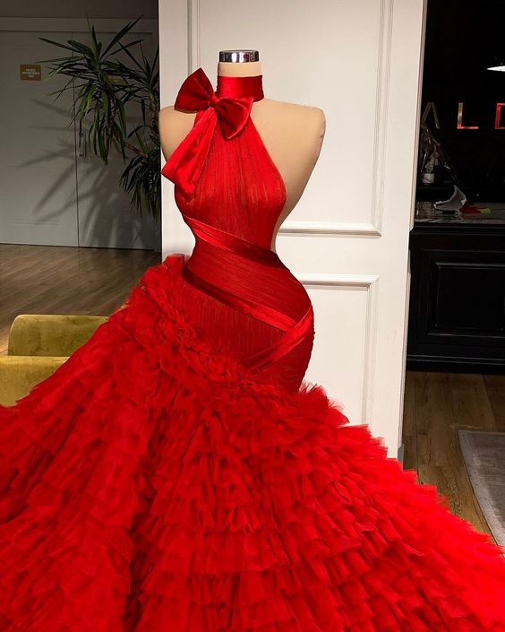 Red Prom Dresses 2023 Mermaid Tulle High Neck Elegant Sleeveless Prom