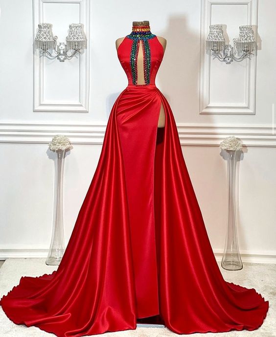Red High Neck Prom Dresses Long Satin Beaded Crystals Elegant Detachable Skirt Prom Gown Formal Party Dresses Abendkleider Vestidos De Fiesta De