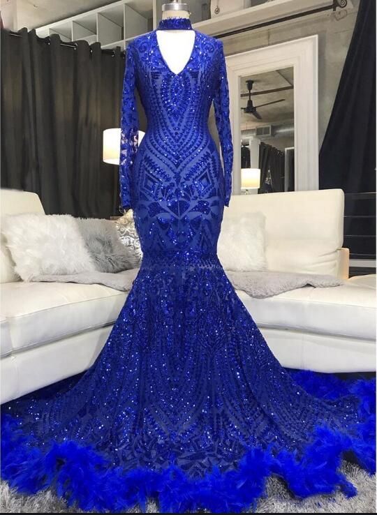 Sparkly Prom Dresses Royal Blue Mermaid Feather Luxury African Prom Gown Evening Party Dresses Custom Make Vestidos De Fiesta